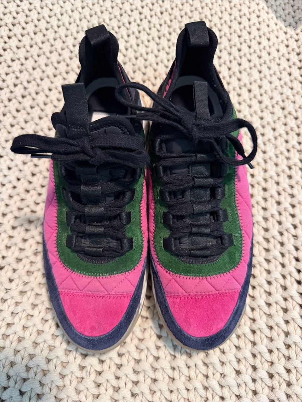 CHANEL Pink, Green and Black Lace-Up Sneakers